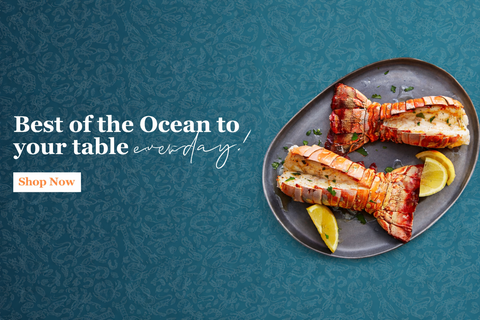 Plated lobster with lemon wedges on a blue background with promotional text.